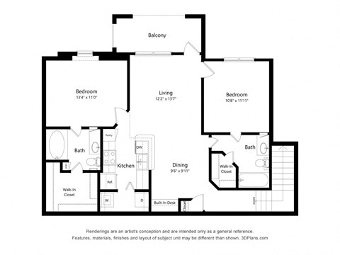 Floor plan for 2 beds, 2 baths, 1072 sqft